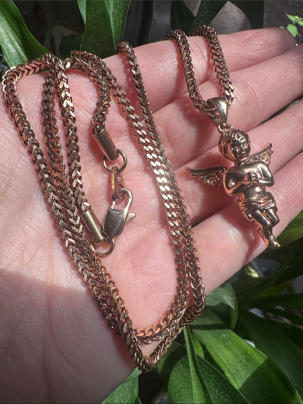 Rose Gold Tone Angel Pendant Necklace 28’ INCH